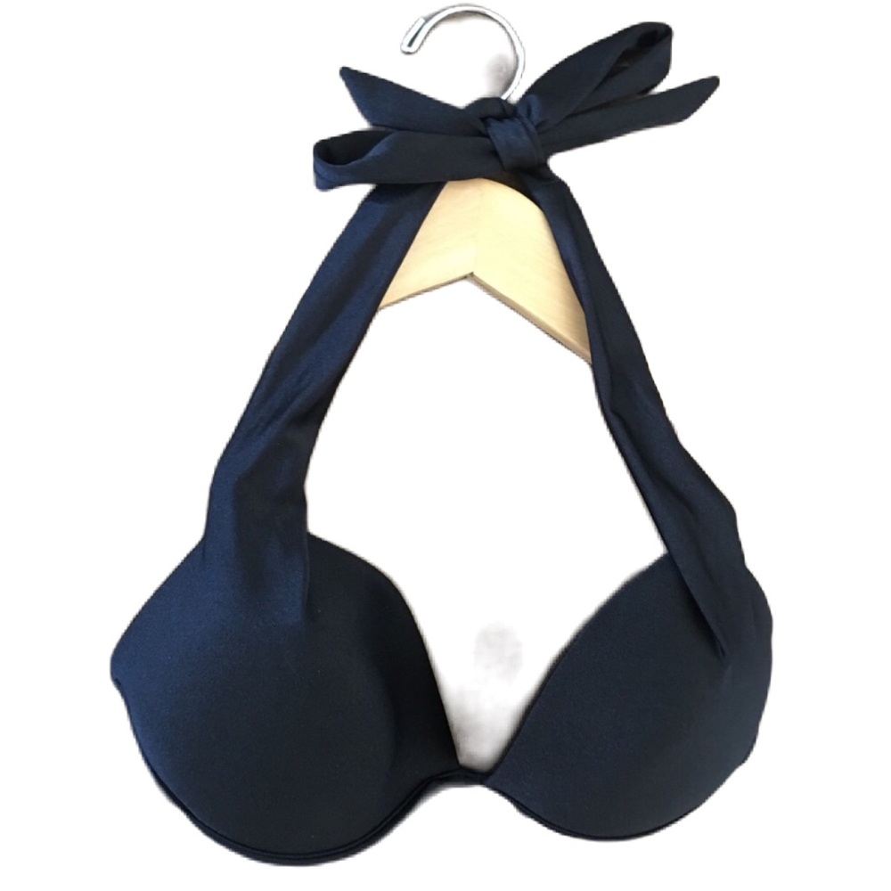 Black push-up bikini top with halter tie, secure back hook, Size 34B.